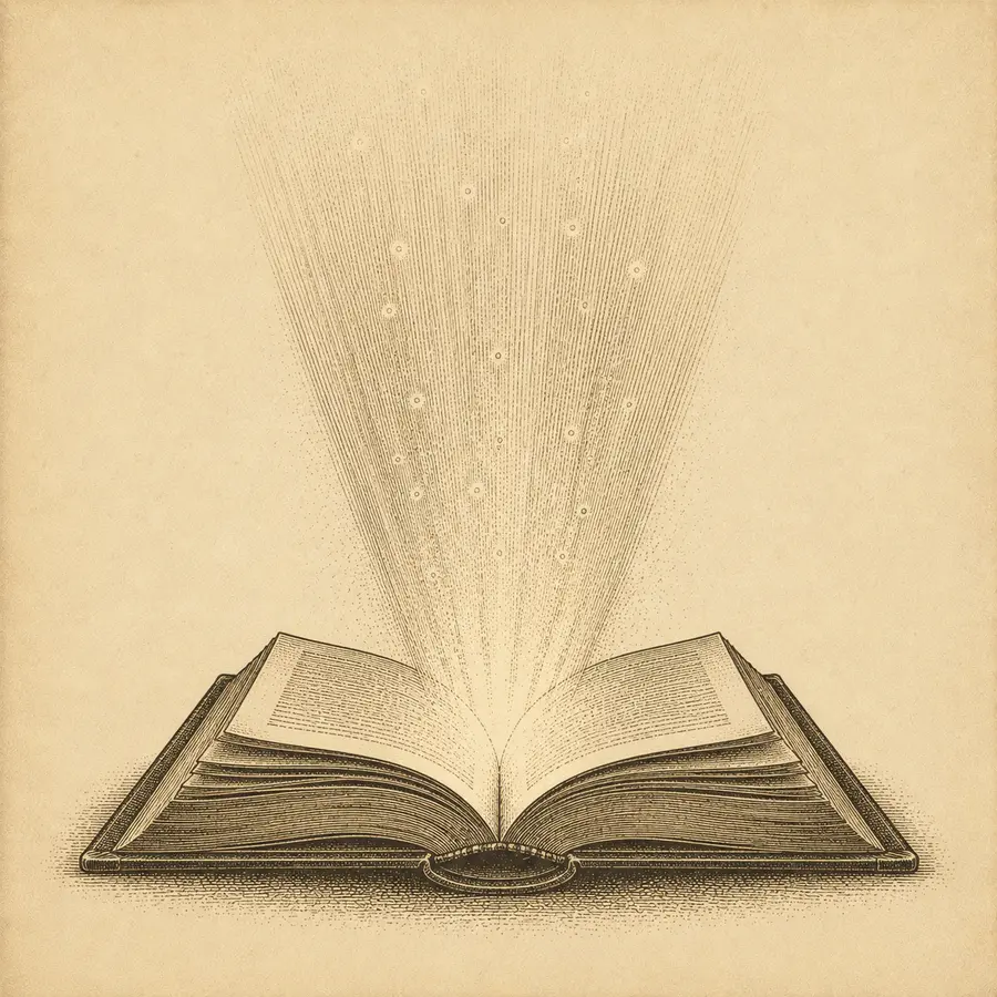 Engraving of an open book with a beam of light and images rising from its pages