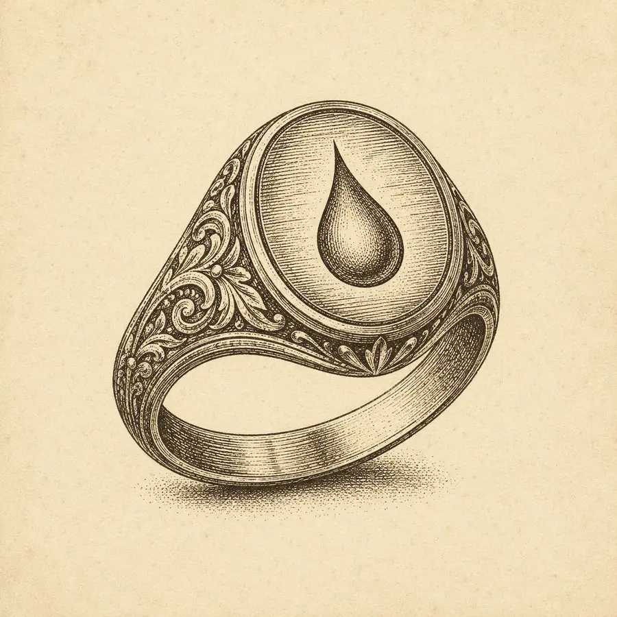 Copperplate engraving of an ornate signet ring bearing an ink-drop emblem